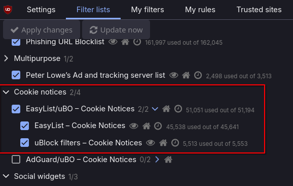 Filter lists in the settings of uBlock Origin
